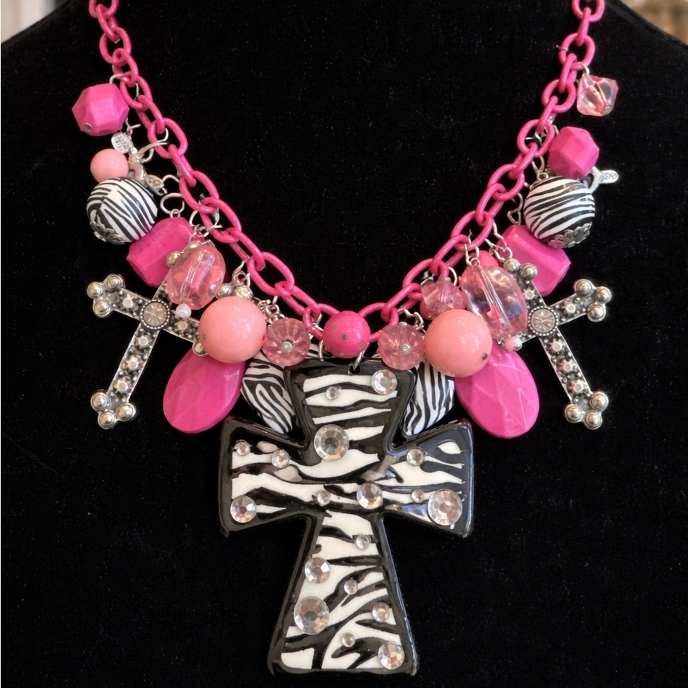 Y2K Hot Pink Chunky Chain Zebra Cross Statement Necklace Rhinestone Charm